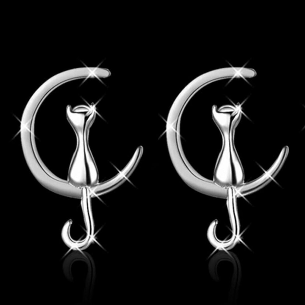 NWOT Silver Moon Cat Stud Earrings - Picture 2 of 5